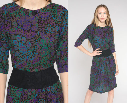 80s Paisley Shift Dress Black Purple Green Blue High Waist Knee Length Extra Small