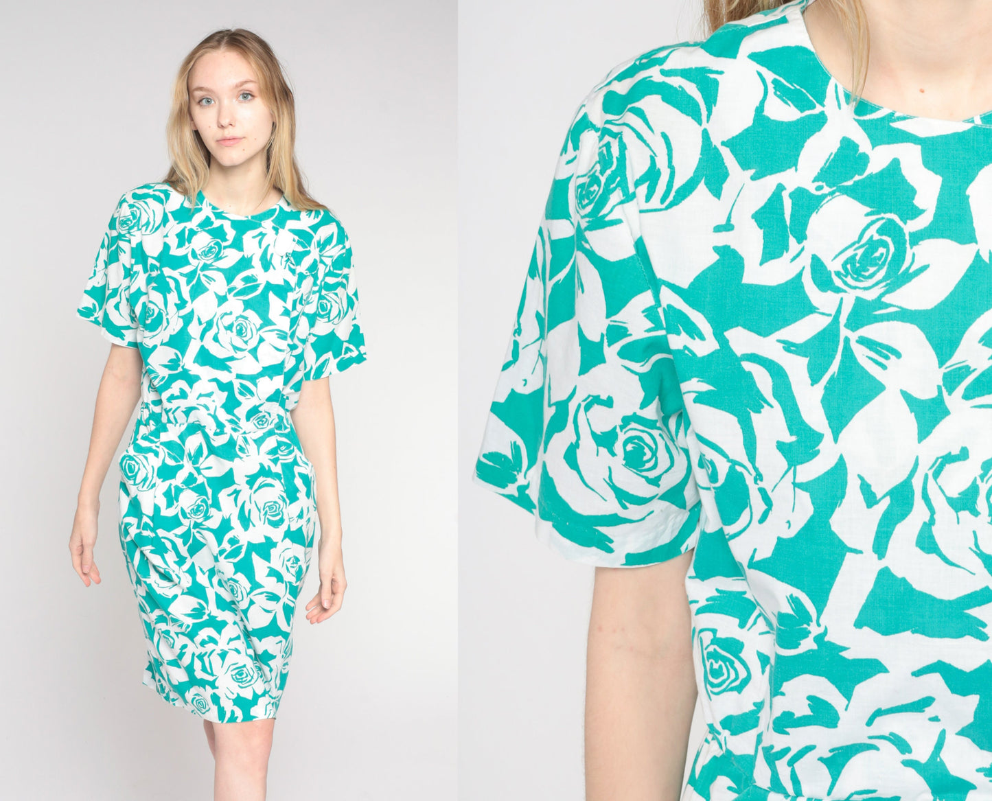 90s Green Rose Floral Print Dress Knee Length Button Wrap Pencil Medium M