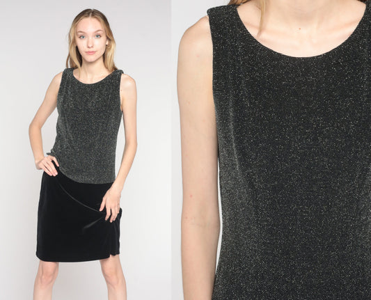 Y2K Metallic Silver Black Mini Shift Dress Sleeveless 00s Cocktail Medium 8