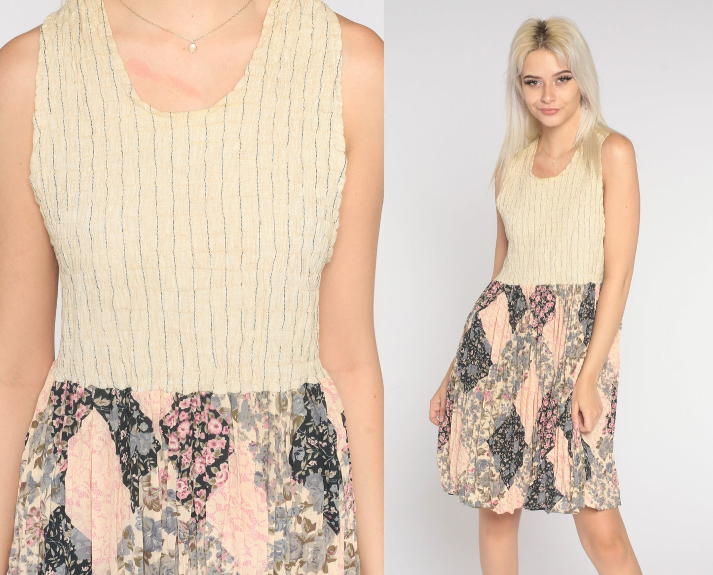 90s Floral Patchwork Mini Dress Cream High Waisted Sleeveless Large