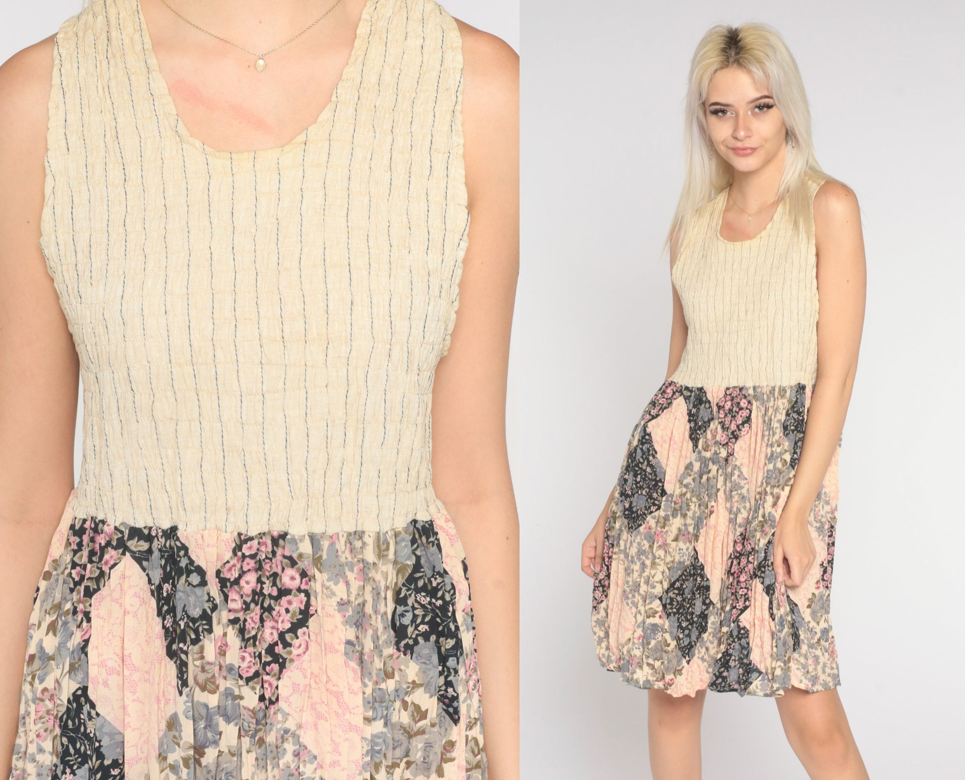 90s Floral Patchwork Mini Dress Cream High Waisted Sleeveless Large