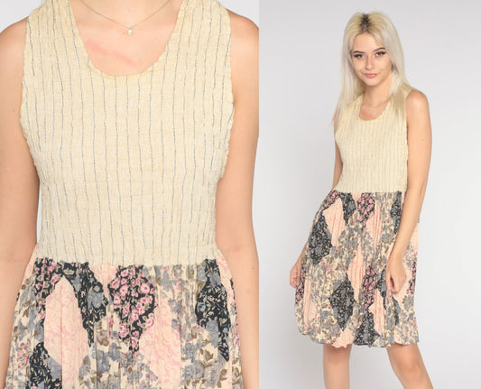90s Floral Patchwork Mini Dress Cream High Waisted Sleeveless Large