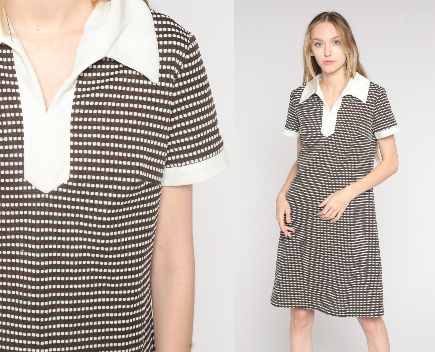 60s Shift Dress Mod Mini Brown White Striped Dot Print Collar Medium