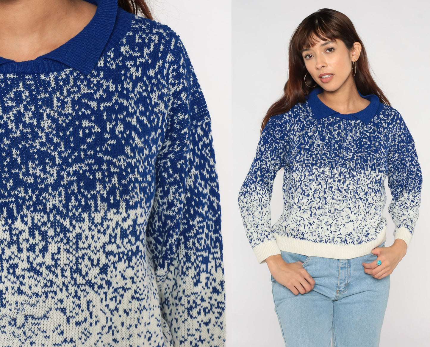 80s Blue White Gradient Knit Collared Sweater Polo Small S