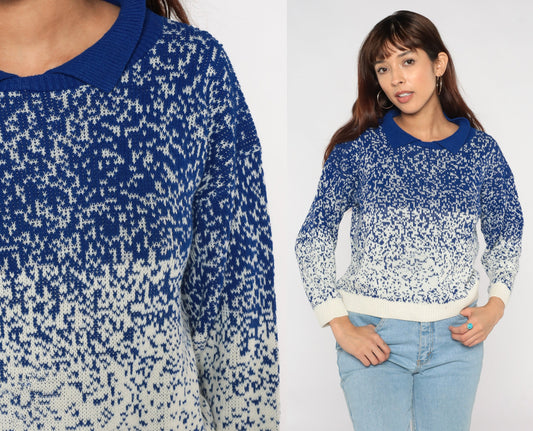 80s Blue White Gradient Knit Collared Sweater Polo Small S