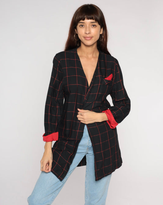 90s Black Red Checkered Blazer Open Front Cuffed Sleeve Medium