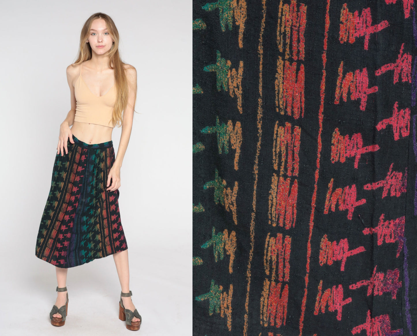 90s Black Abstract Brushstroke Midi Skirt Rainbow Print High Waist Small