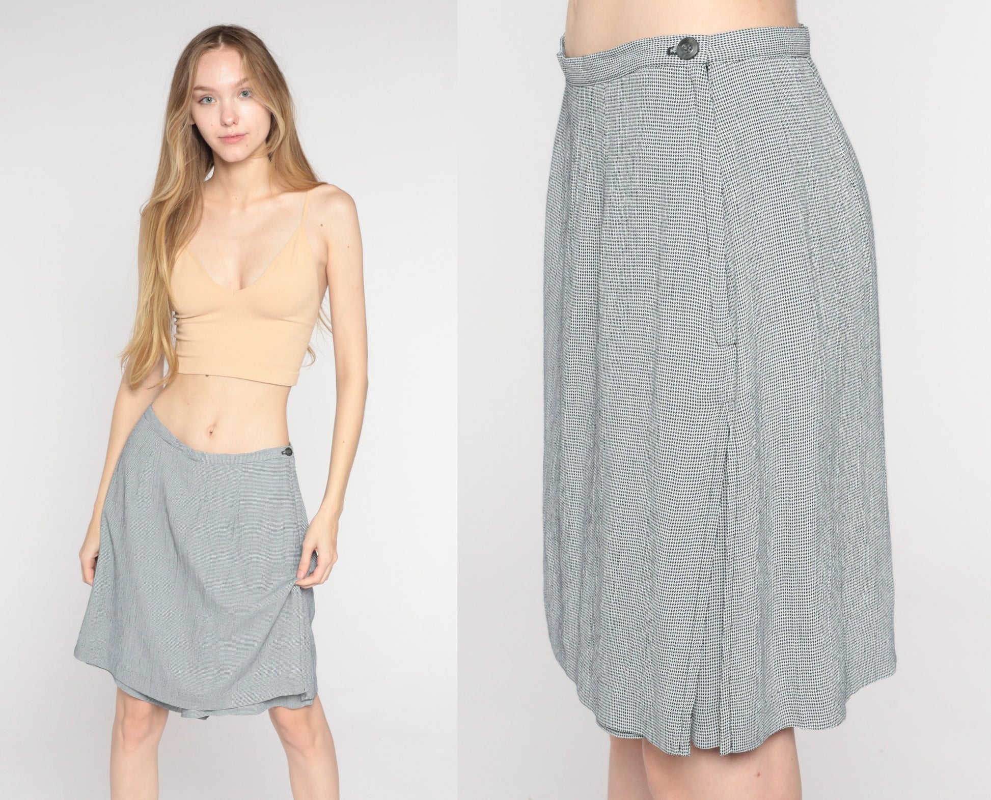 90s Black White Houndstooth Mini Skort High Waisted Side Slit Small S