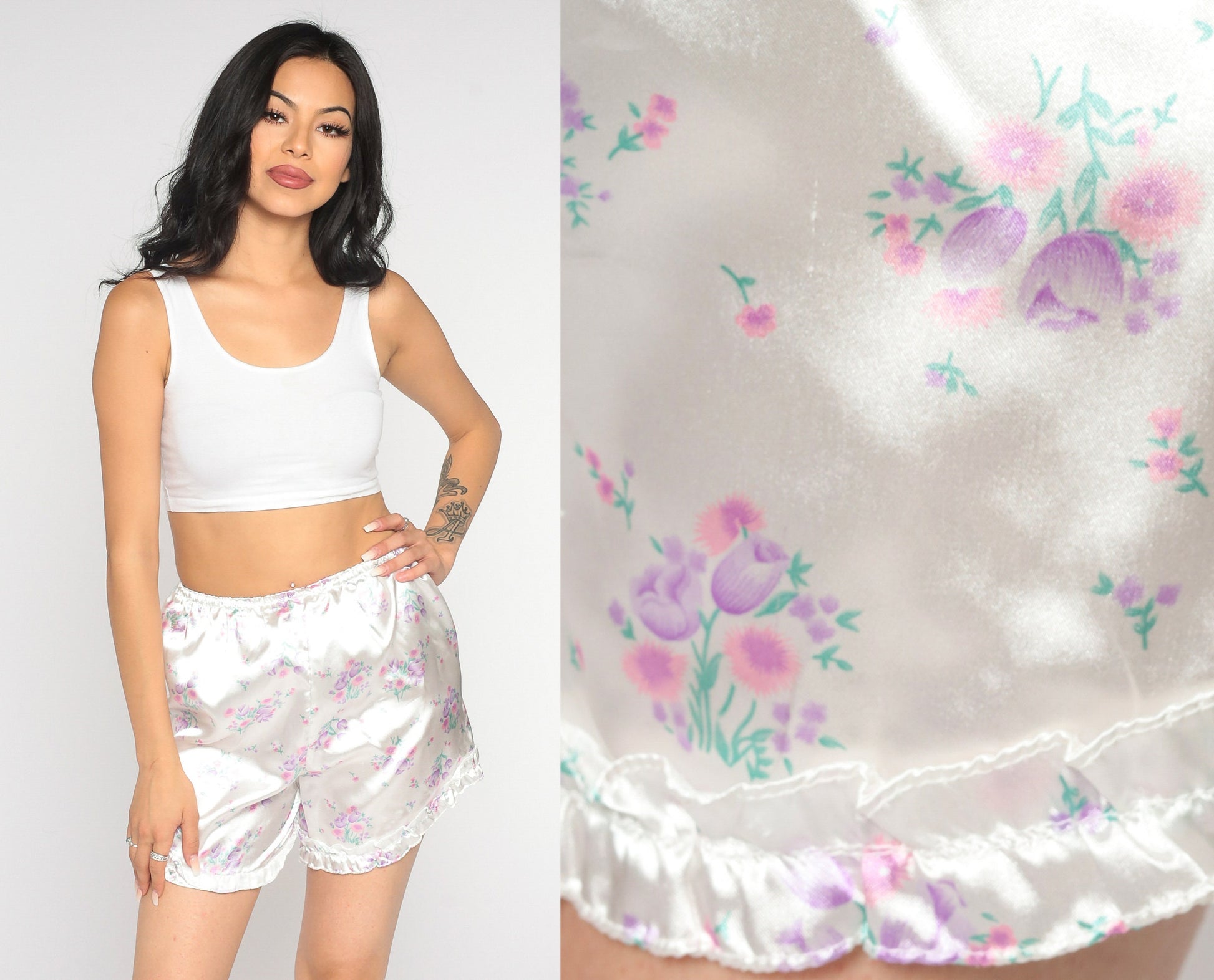90s White Floral Satin Pajama Shorts Ruffled High Waist Small Medium