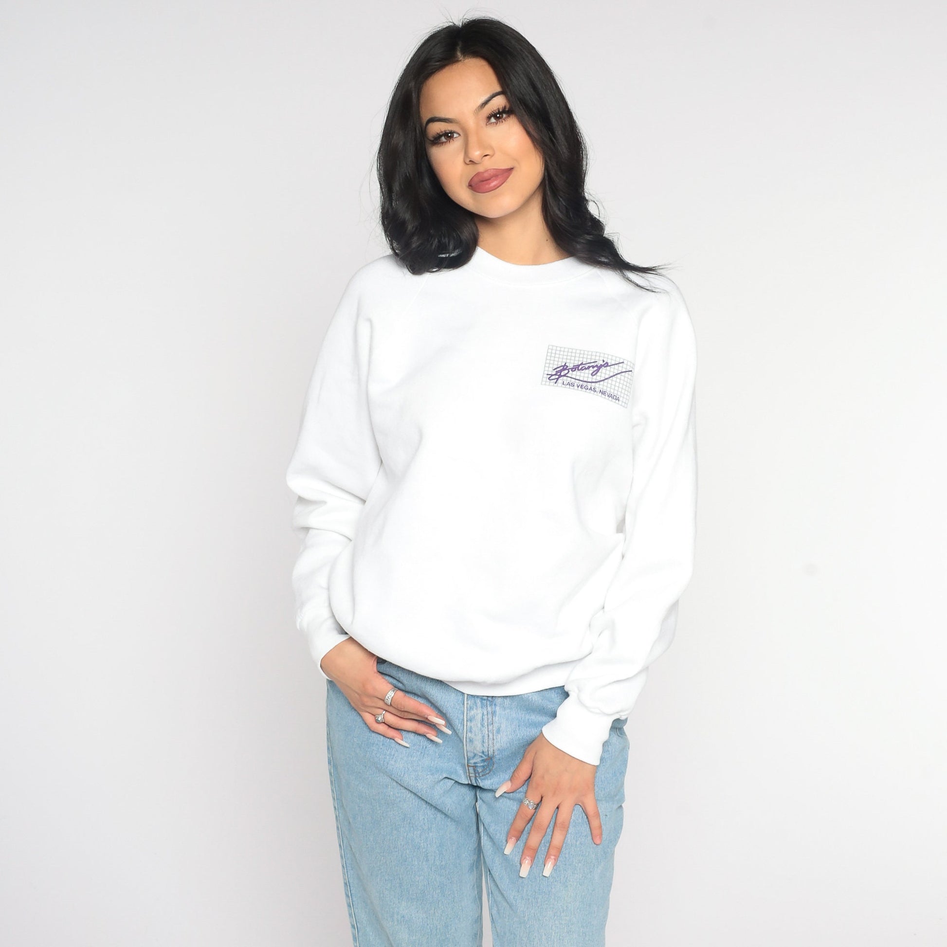 80s Botany's Las Vegas Nightclub Sweatshirt White Raglan Graphic Large