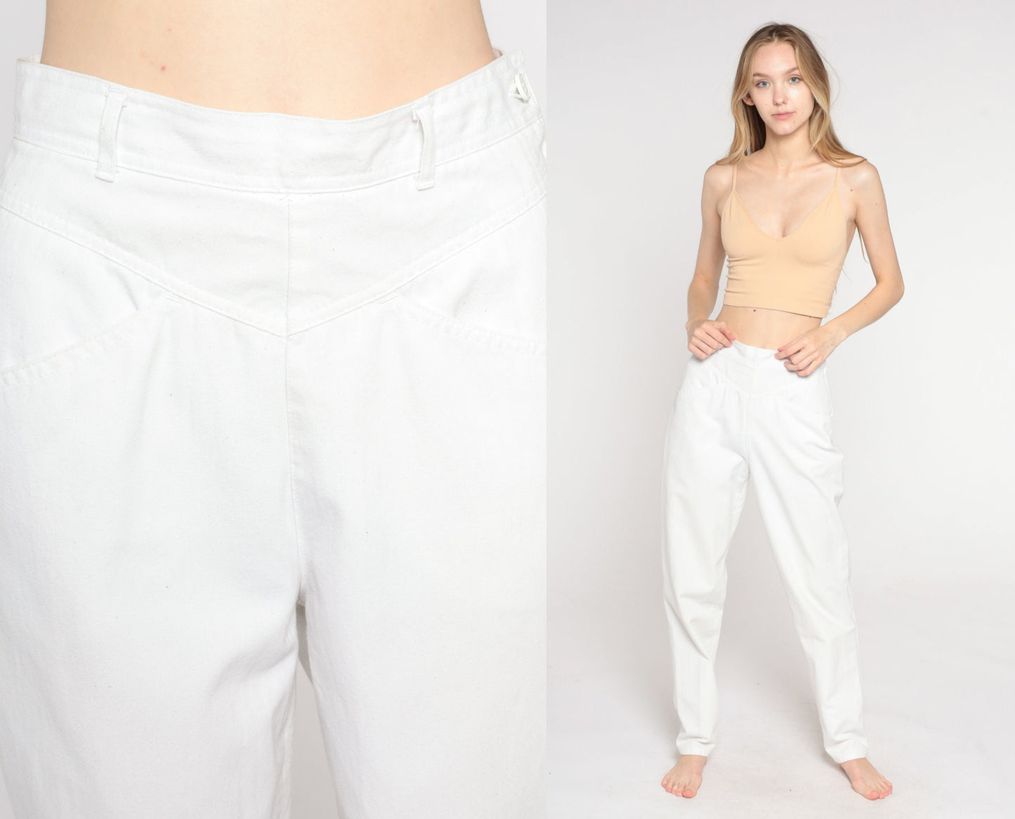 90s White High-Waisted Tapered Trousers Side Button Extra Small