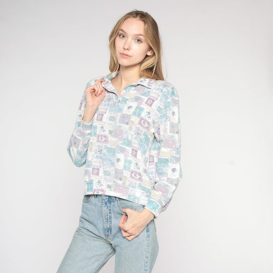 90s Floral Long Sleeve Collared Shirt Banded Hem Pastel Flower Print Medium