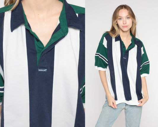 90s Striped Polo Shirt White Blue Green Banded Hem Men's Extra Large XL