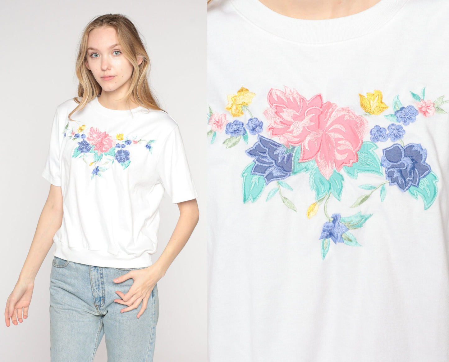 80s White Embroidered Floral Top Short Sleeve Banded Hem Medium