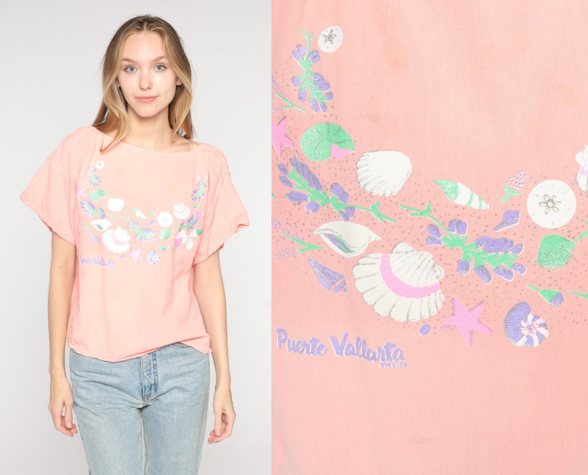 90s Puerto Vallarta Seashell Flower Print Pink Shirt Medium Large