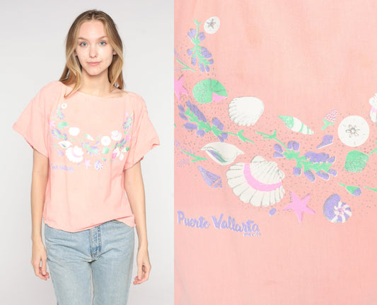 90s Puerto Vallarta Seashell Flower Print Pink Shirt Medium Large
