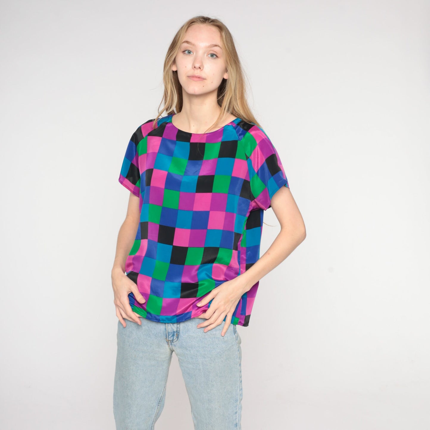90s Colorful Checkerboard Short Sleeve Blouse Purple Pink Blue Medium M