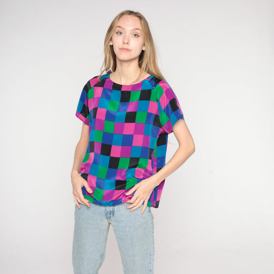 90s Colorful Checkerboard Short Sleeve Blouse Purple Pink Blue Medium M