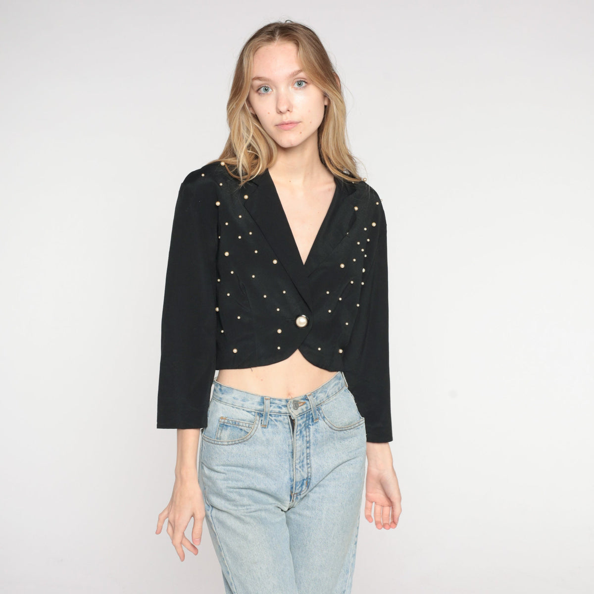 90s Black Cropped Blazer Pearl Beaded Single Button Jacket Medium