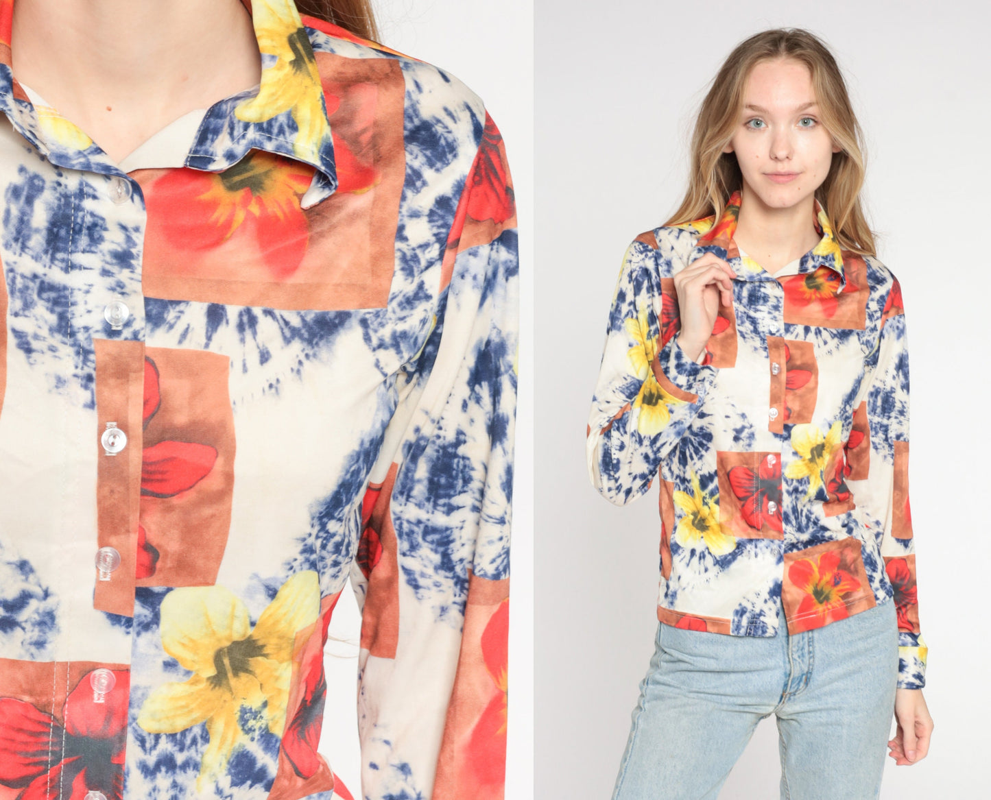 90s Tie Dye Floral Button Up Blouse White Psychedelic Print Collared Long Sleeve Small