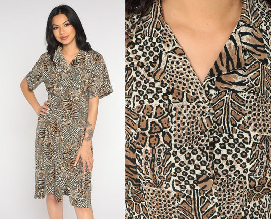 90s Animal Print Midi Shirtdress Leopard Tiger Button-Up Black Brown White Medium 8