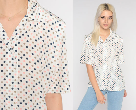 80s White Polka Dot Button-Up Blouse Short Sleeve Small