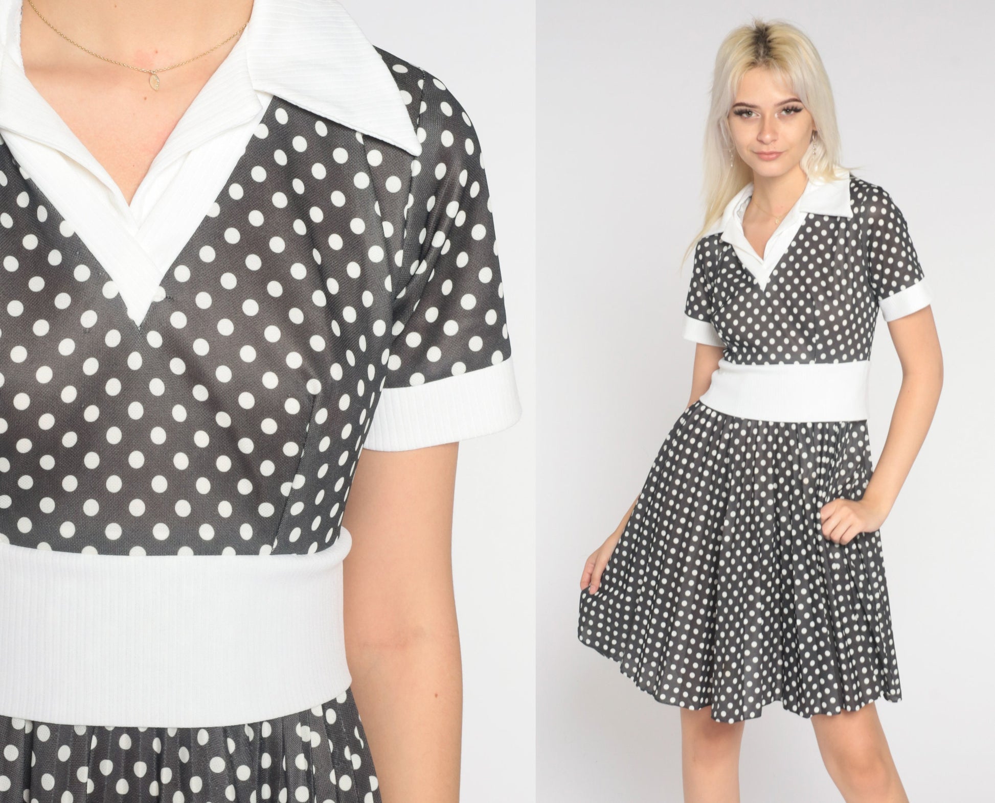 70s Grey Polka Dot Mini Dress Pleated High Waist Collared Small