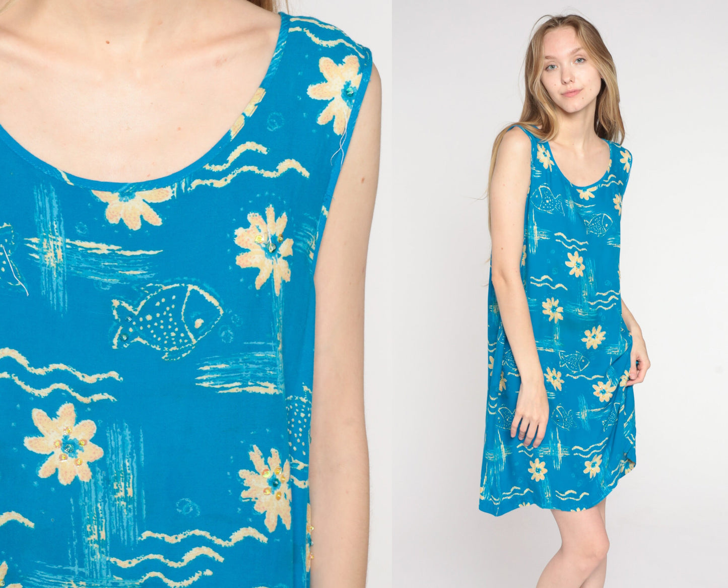90s Blue Tropical Fish Floral Mini Dress Sleeveless Shift Medium