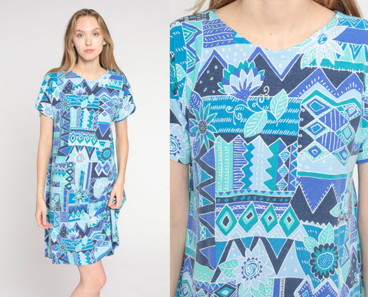 90s Blue Geometric Floral Mini Dress Short Sleeve Shift Dress Large
