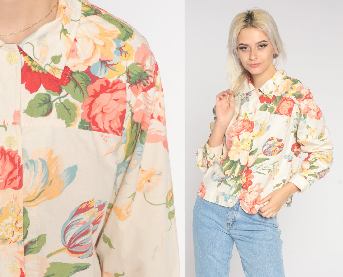 00s Coldwater Creek Floral Button-Up Blouse Cream Long Sleeve Medium Petite