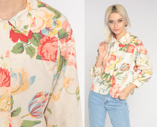 00s Coldwater Creek Floral Button-Up Blouse Cream Long Sleeve Medium Petite