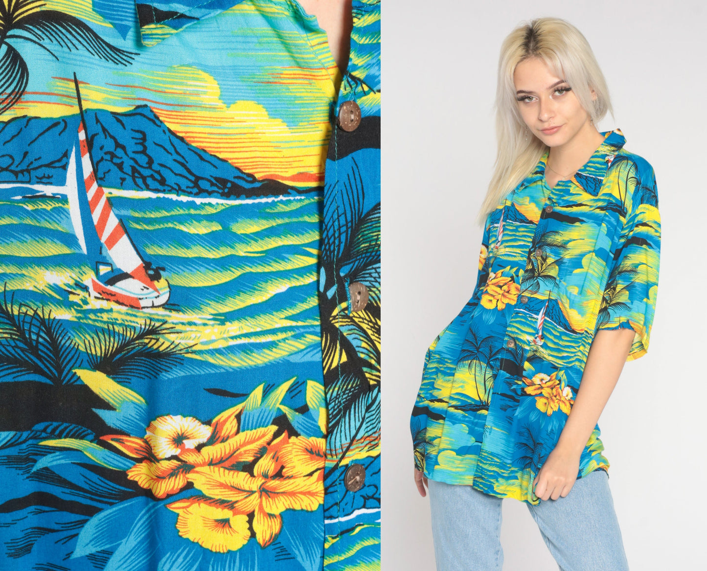 Y2K Tropical Sailboat Hawaiian Shirt Blue Palm Tree Button Up Extra Large