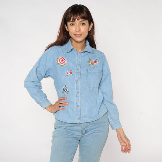 90s Blue Denim Shirt Floral Embroidered Button-Up Blouse Medium M