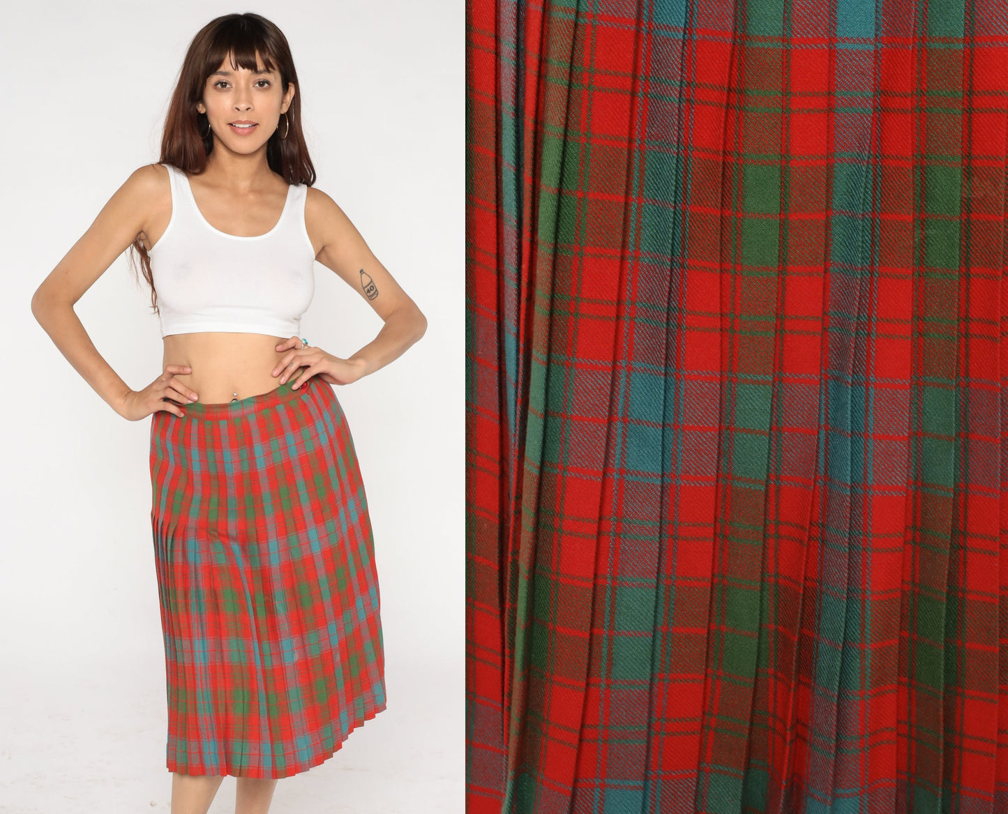 60s Plaid Wool Midi Skirt High Waist Pleated Tartan Red Blue Green Medium