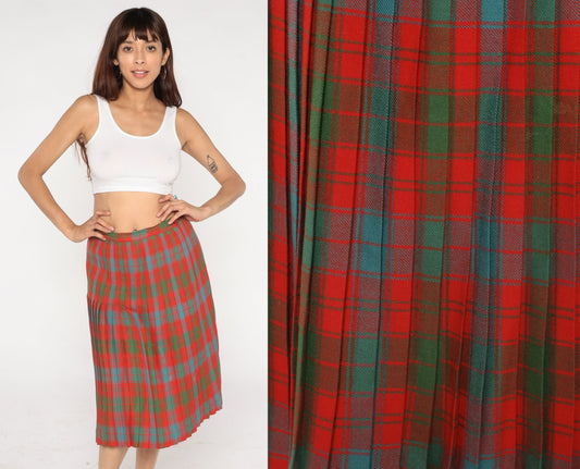 60s Plaid Wool Midi Skirt High Waist Pleated Tartan Red Blue Green Medium