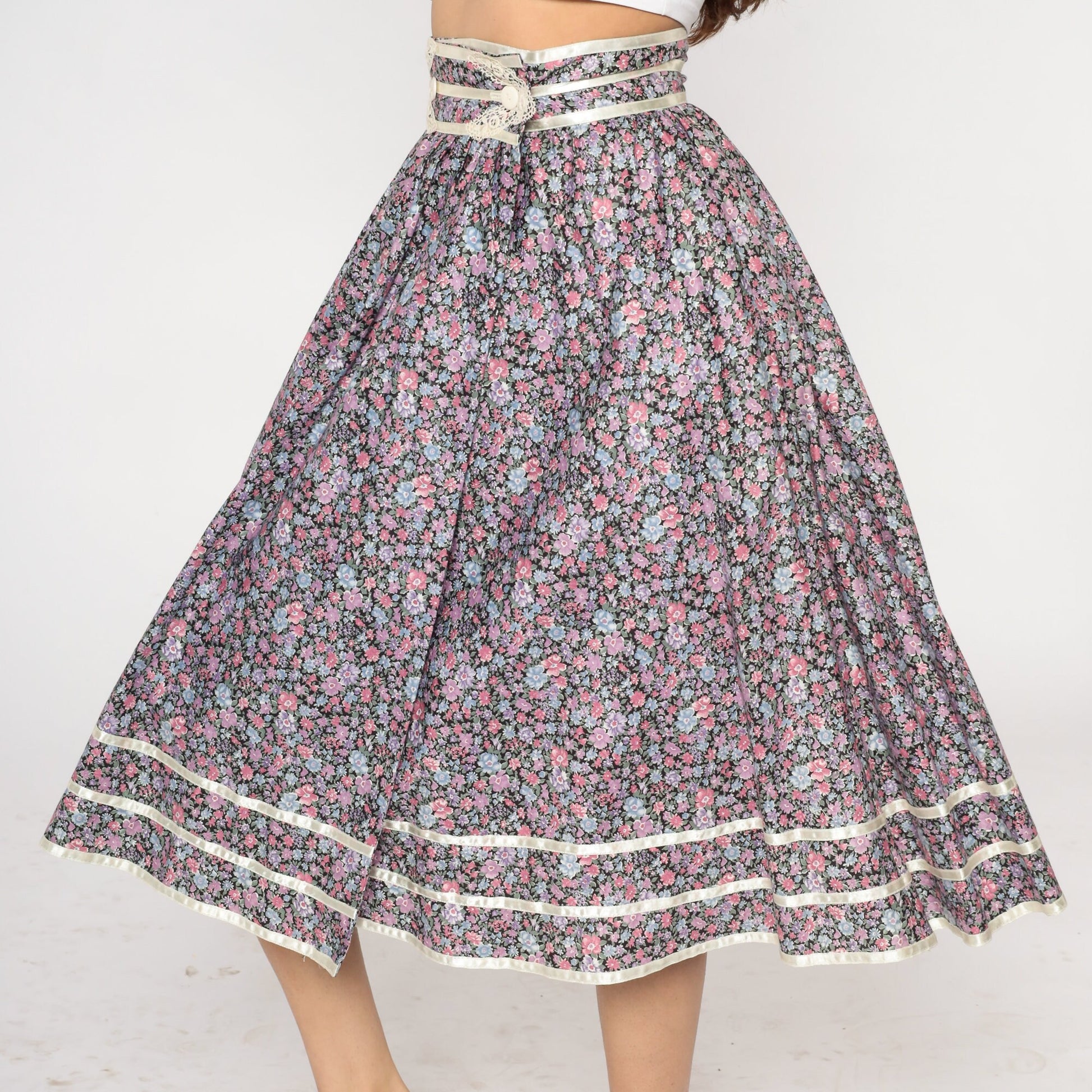 70s Gunne Sax Floral Midi Skirt Black Calico Lace Cotton Small