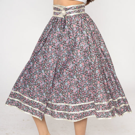 70s Gunne Sax Floral Midi Skirt Black Calico Lace Cotton Small
