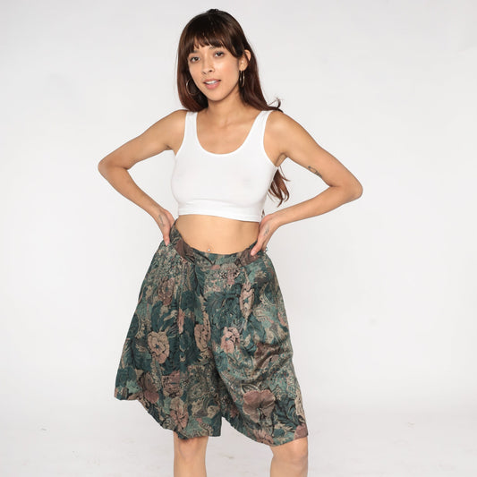 90s Floral Tapestry Pleated Shorts High Waist Wide Leg Medium M