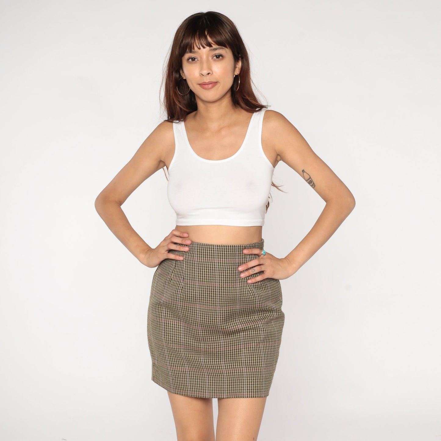 90s Houndstooth Mini Pencil Skirt Brown High Waist Small S