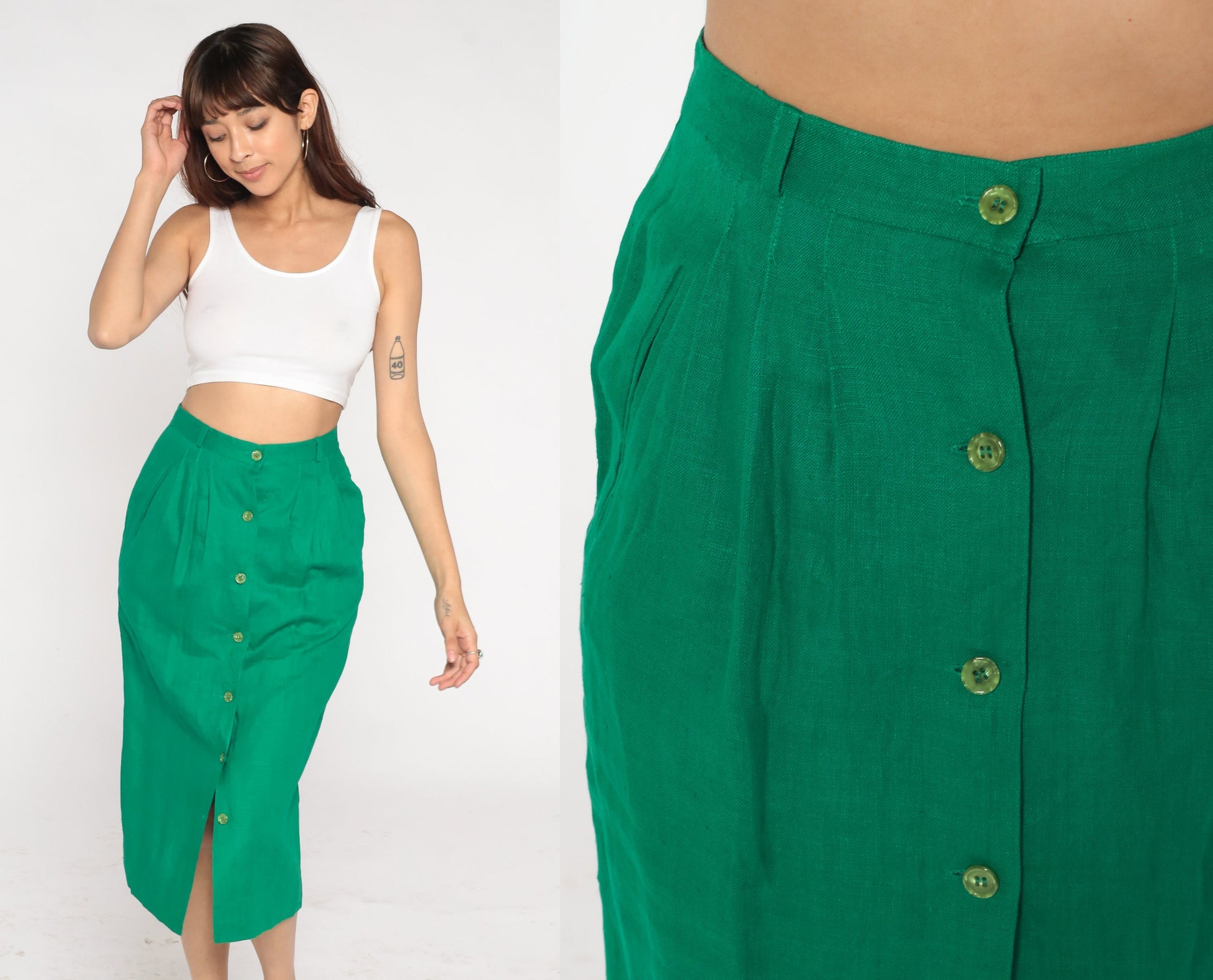 80s Green Linen Midi Skirt High Waist Button Front Pencil Small Medium
