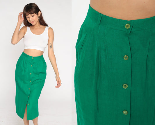 80s Green Linen Midi Skirt High Waist Button Front Pencil Small Medium