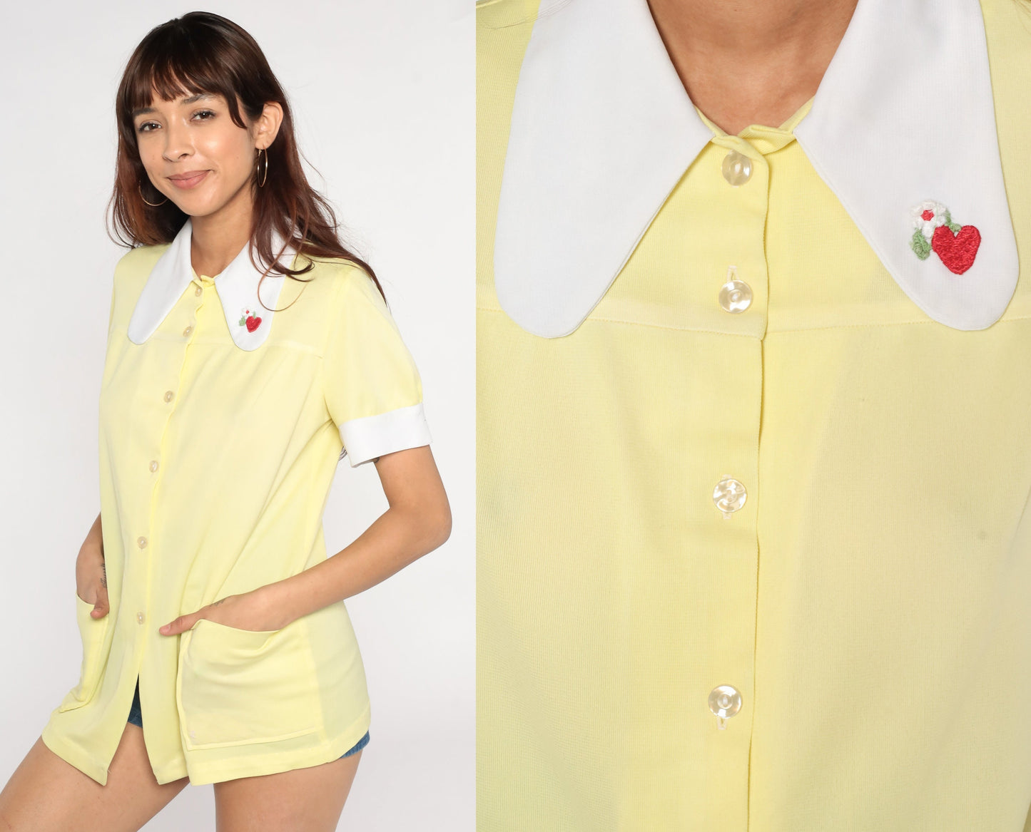 70s Yellow Puff Sleeve Blouse Dog Ear Collar Embroidered Heart Flower Medium
