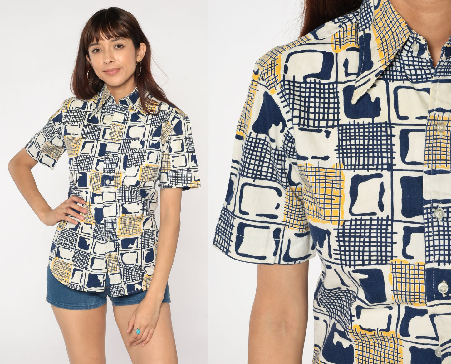 70s Abstract Checkered Button-Up Blouse Pointed Collar Blue White Yellow Small