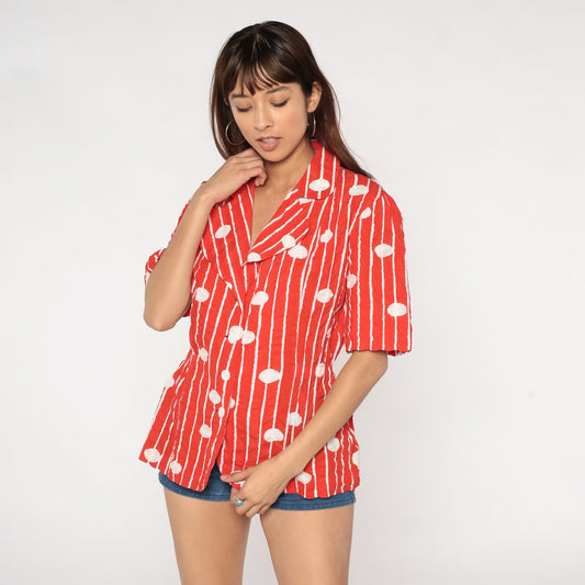 80s Red Striped Polka Dot Cotton Button-Up Blouse Short Sleeve Notched Collar Large L