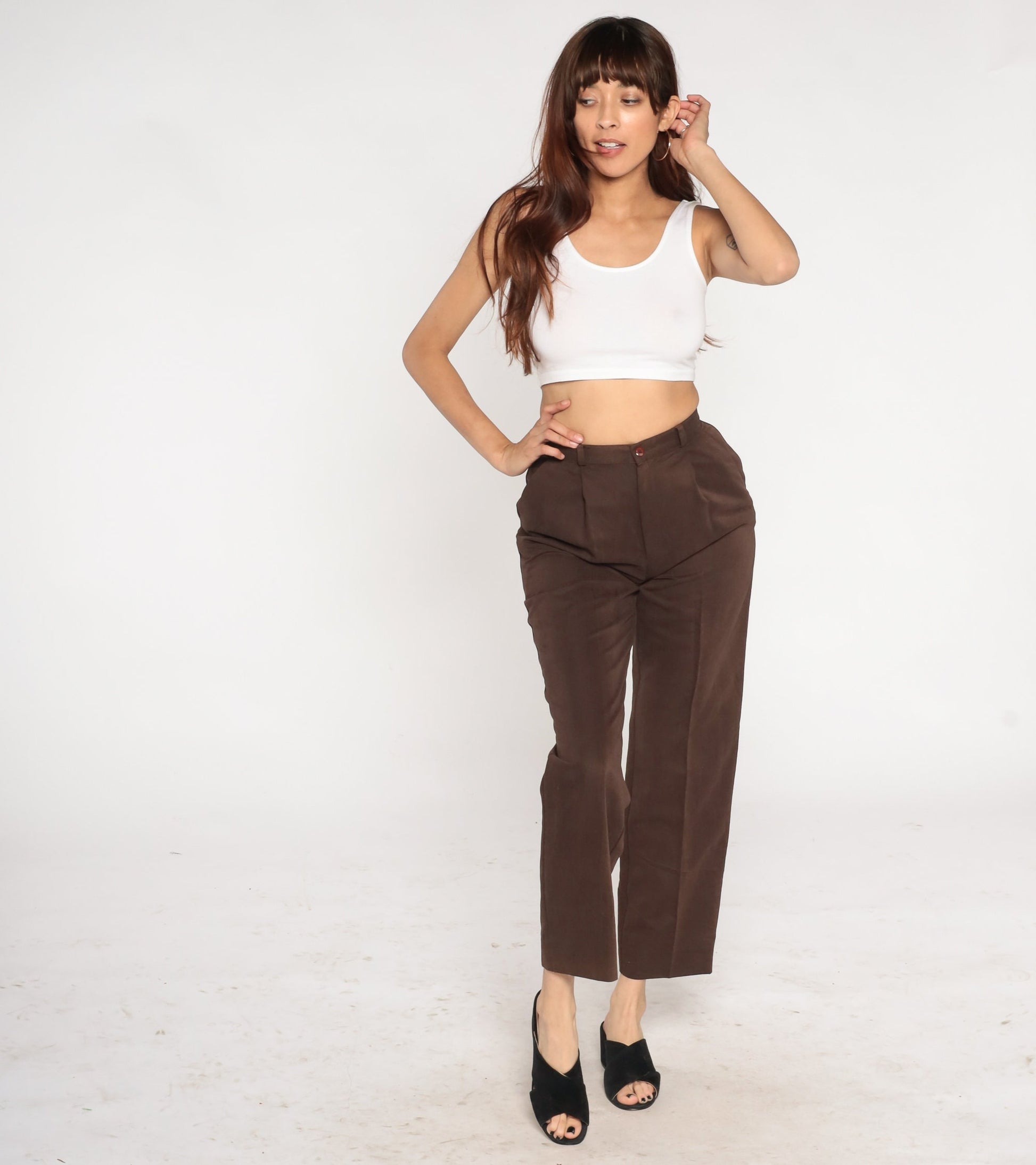 90s Brown High-Waist Straight Leg Trousers Creased Pleated Small 4