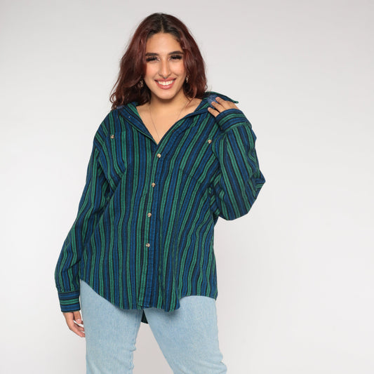 90s Woven Striped Button-Up Shirt Blue Green Long Sleeve Collared Extra Large