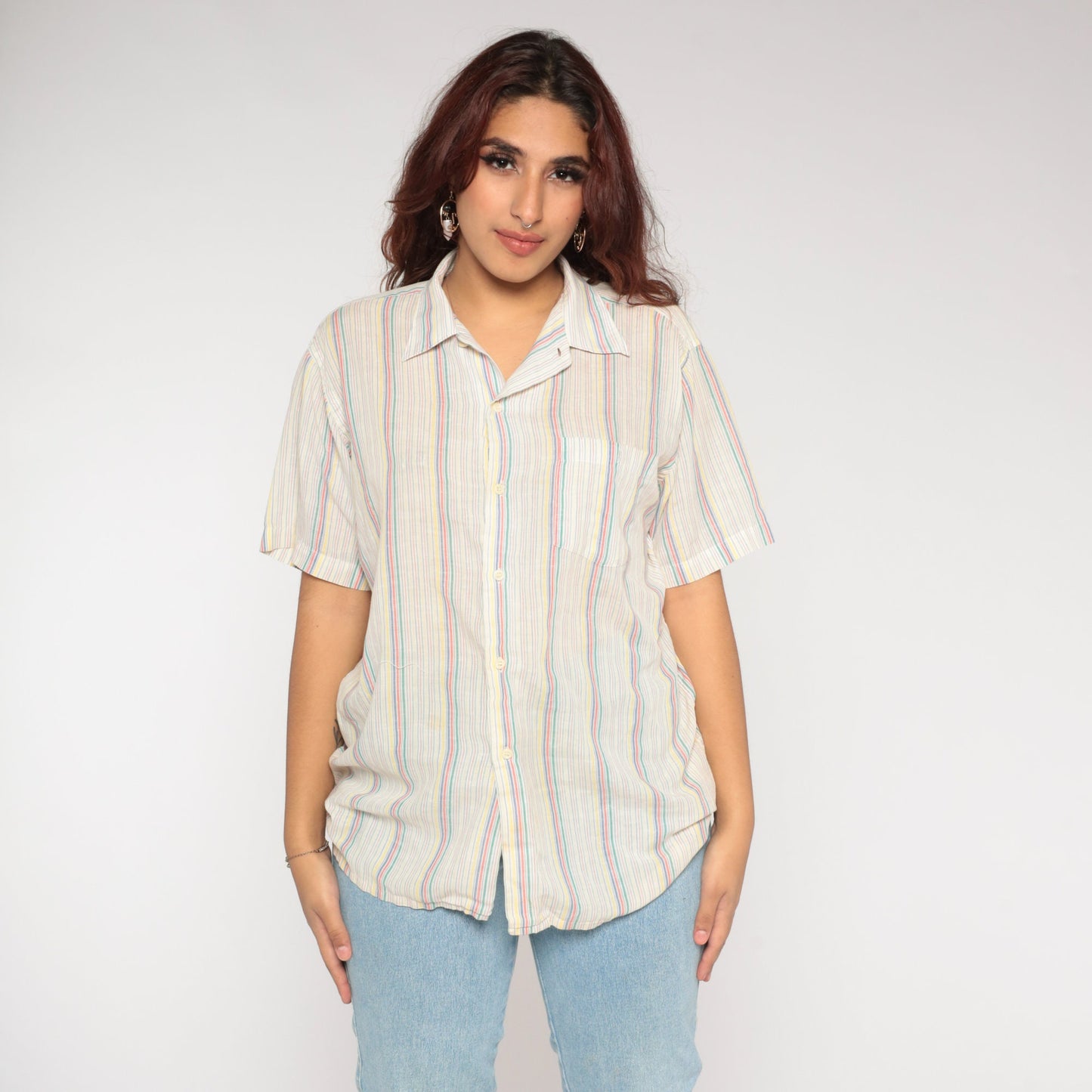80s Striped Button-Up Shirt White Cotton Short Sleeve Collared Top Large