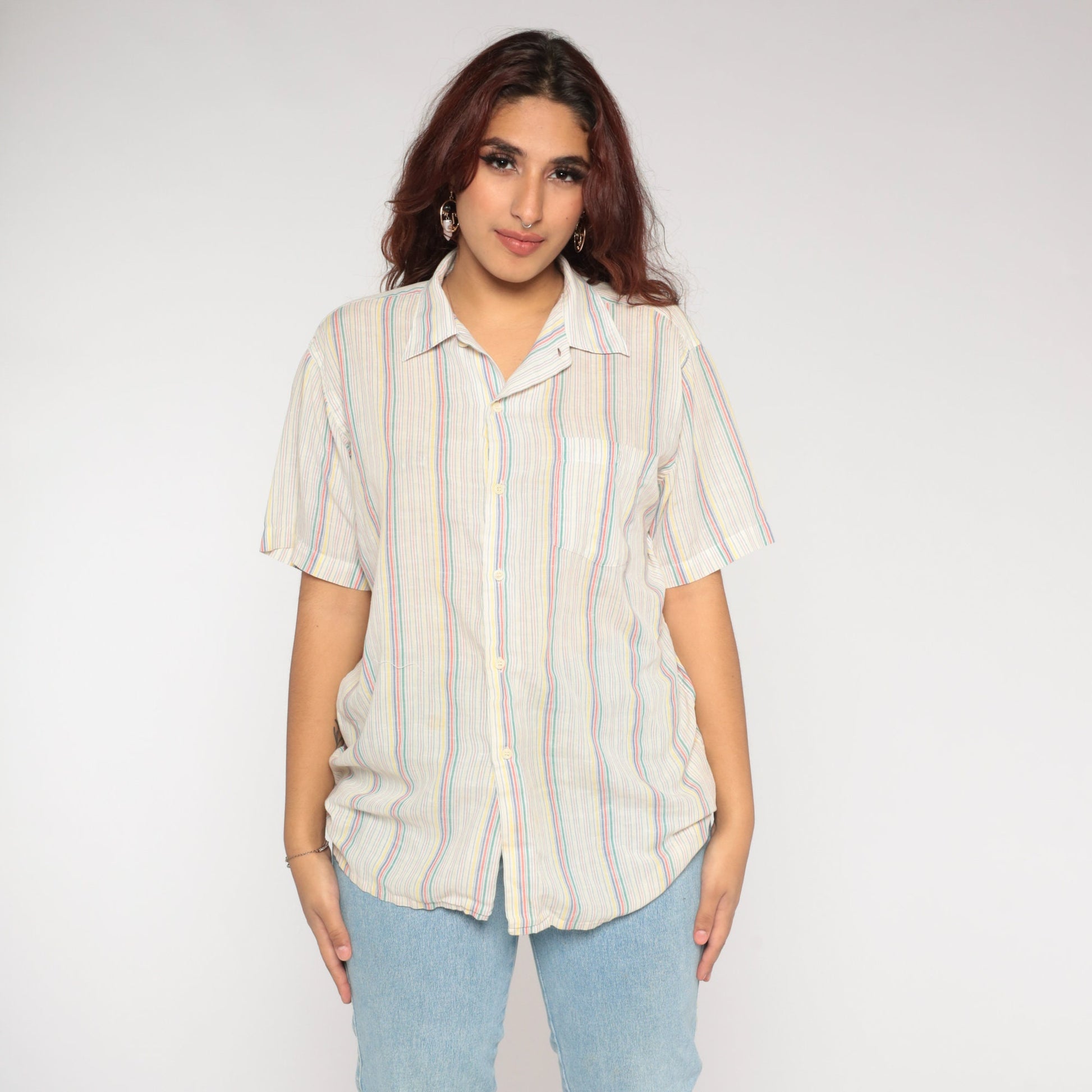 80s Striped Button-Up Shirt White Cotton Short Sleeve Collared Top Large