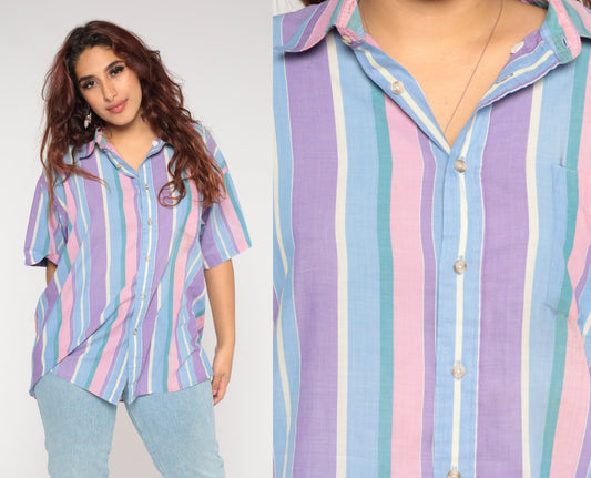90s Striped Button-Up Shirt Pink Purple Green Short Sleeve Collar XXL