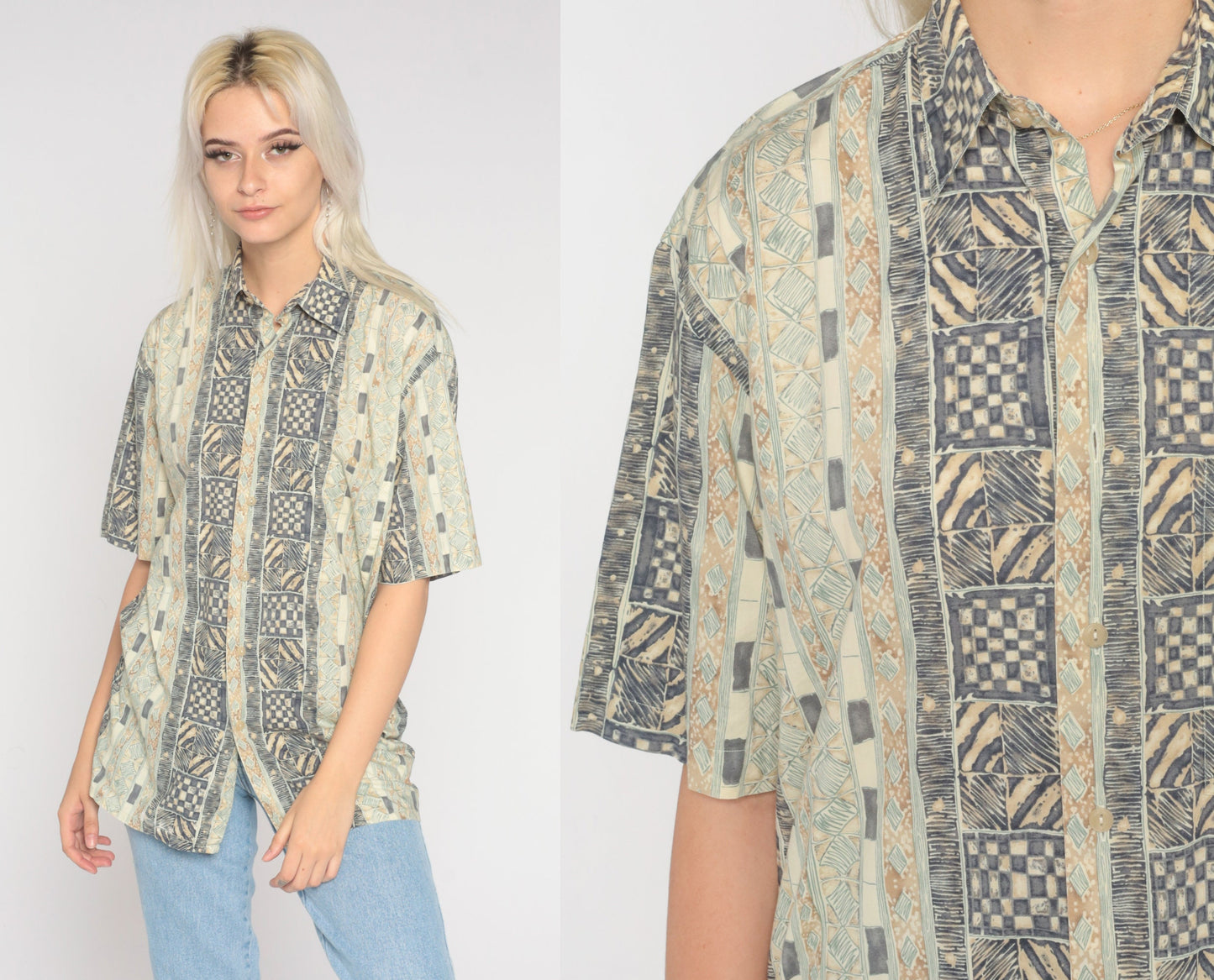 90s Geometric Zebra Print Button-Up Blouse Brown Beige Cotton Medium